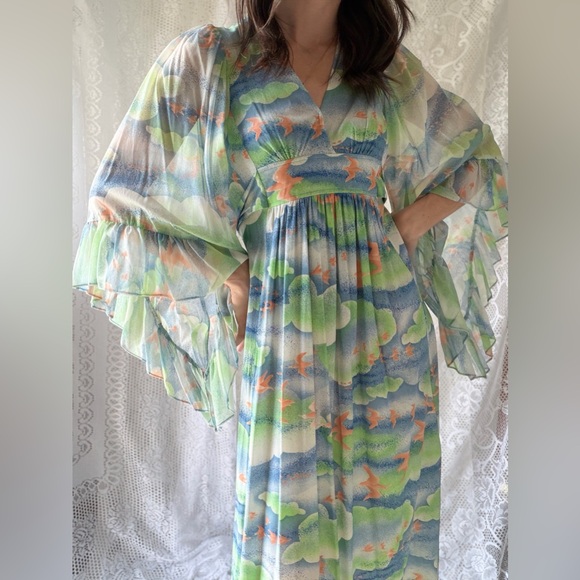 Vintage 70s Bird Print Cloudscape Maxi Dress Boho Flutter Sleeve Empire Waist - Picture 5 of 17
